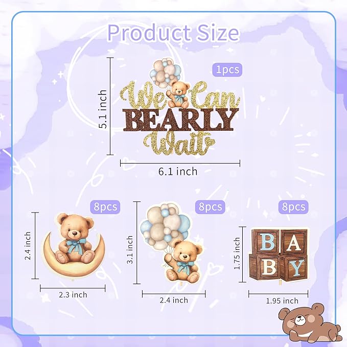 MEMOVAN Bear Baby Shower Cupcake Topper 25pcs We Can Bearly Wait Cake Cupcake Topper Bear Cake Cupcake Decoration for Baby Boy We Can Bearly Wait Bear Theme Birthday Baby Shower Gender Reveal Party