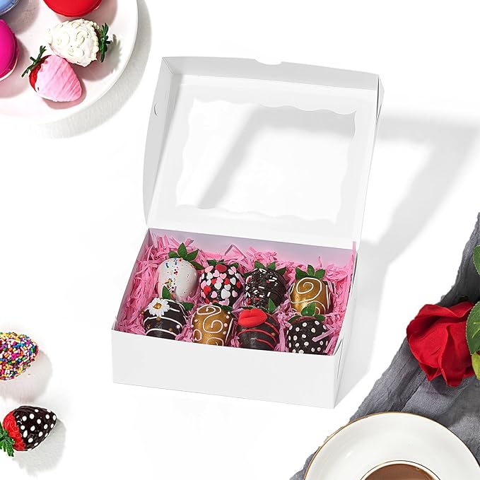 20PCS White Cookie Boxes with Window, 8x6x2.5 Inch Gift-Ready Pastry Box for Chocolate Strawberries, Macarons, Truffles, Perfect for Valentine's Day, Mother's Day, Christmas Party Favors