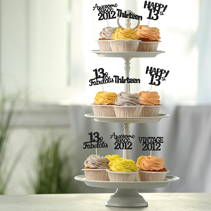 Gyufise 30Pcs Vintage 2012 Cupcake Toppers Glitter Thirteen Happy 13th Cupcake Picks Happy 13th Birthday Cake Decorations for Happy 13th Birthday Anniversary Party Supplies Black