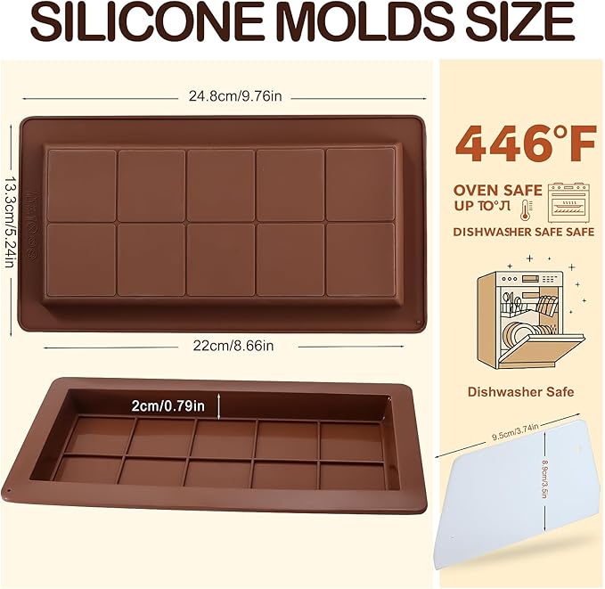 2 Pack Deep Dubai Chocolate Bar Molds, 1 Inch Silicone Chocolate Mold, Perfect for Homemade Chocolate Bar Pistachio with Scraper