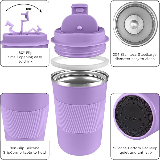 YINBAOGE Insulated Travel Coffee Mug Spill Proof Leak Proof Pobtable To Go Camping Stainless Steel Coffee Tumbler Reusable Coffee Cups with Lids Thermos for Hot and Cold Drink (Purple, 17 OZ)