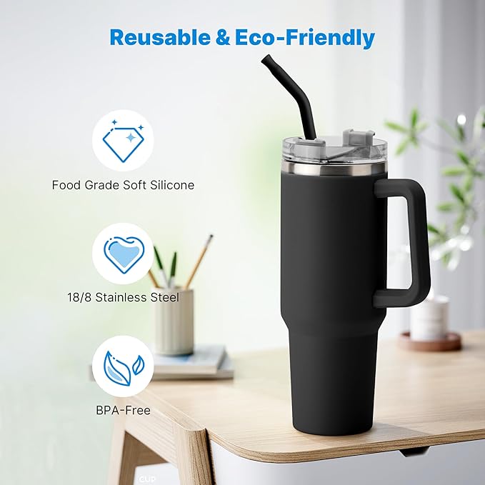 Repeatable Metal Straw with Silicone Tips for 30 oz Stanley Tumbler, 2 Pcs 30 oz Stainless Steel Straws Replacement for Stanley Tumbler, 1 Straw Brush, BPA Free（Black）