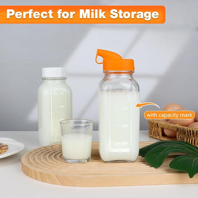 4 Pack 16 OZ Glass Milk Bottles with Lids, Glass Juice Bottles with Scale & Silicone Pour Spout, Reusable Juice Containers Square Drinking Jars for Milk, Coffee, Smoothies, Water