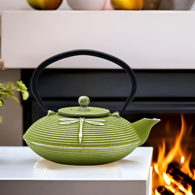 Cast Iron Teapot,SECHUDO Tea Kettle Coated with Enameled Interior for Loose Tea,Cast Iron Teapot with Stainless Steel Infuser for Stovetop Safe (27.1oz Flat Dragonfly Pattern)
