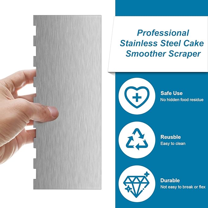 2 Pieces Stainless Steel Cake Scraper Large Double Sided Patterned Edge Stripe Edge Smoother Scraper Cake Decorating Comb Pastry Cutter for Mousse Butter Cream Decoration(9 x 3.4 Inches)