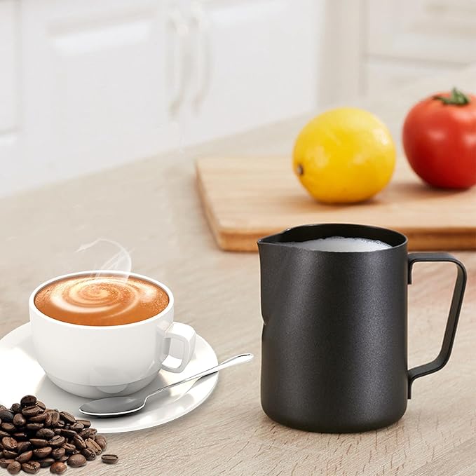 Milk Frother Pitcher 20 OZ，Espresso Milk Frothing Pitcher, Milk Steamer Cup Steaming Pitcher, Stainless Steel Coffee Froth Cup with Latte Art Pen for Coffee Cappuccino (Black)