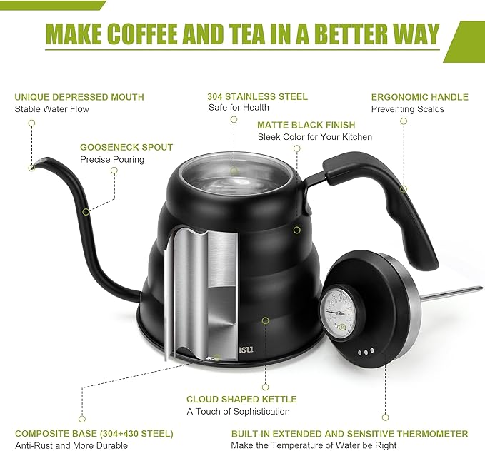 Tea Kettle with Thermometer Pot Black Stovetop Tea Kettle 40oz Gooseneck Kettle Teapot Pour Over Coffee Kettle with Thermometer,1200ml,6 Cup,Black,1Pack