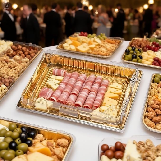 10 Pack Gold Rectangular Sushi Containers with Clear Lids – Disposable Plastic Food Boxes for Party, Takeout & Catering – Elegant, Stackable Trays for Sushi, Snacks & Desserts(Model No.1102)