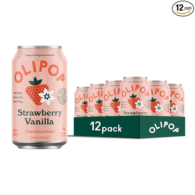 OLIPOP Prebiotic Soda Pop, Strawberry Vanilla, Pantry Pack Packed with Prebiotics, Fiber, and Botanicals, Gluten Free, Vegan, GMO Free, 12oz (12-Cans)