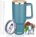 40 oz Insulated Coffee Mug with Ceramic Coating, Stainless Steel Travel Coffee Tumbler with Handle Lid and Straw, Double Wall Leak-Proof Coffee Travel Mug Keeps Drink Hot and Cold (Lake Green)