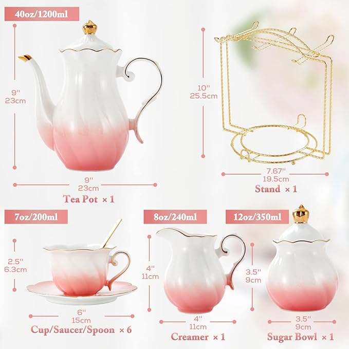 DUJUST 22 pcs Porcelain Tea Set for 6, Luxury British Style Tea/Coffee Cup Set with Golden Trim, Beautiful Tea Set for Women, Tea Party Set, Gift Package (With a Stand) - Gradient Pink