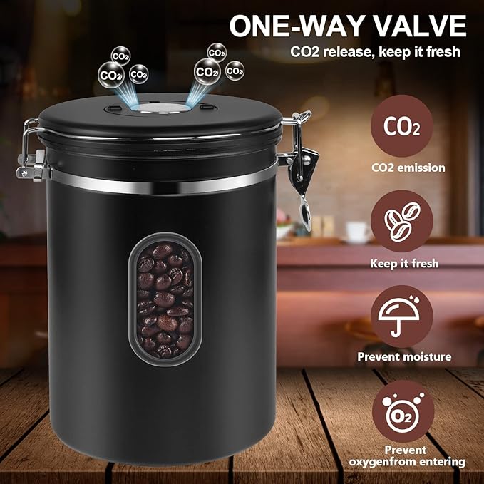 ROCKY&CHAO 2800ML Coffee Canister with Date Tracker&Transparent Window, 35OZ Coffee Container with 30ML Measure Spoon&4 co2 Valve, Coffee Bean Storage Container for Grounds Coffee, Beans, Tea(Black)