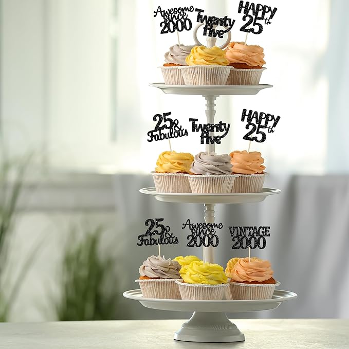 Gyufise 30Pcs Vintage 2000 Cupcake Toppers Glitter 25th Birthday Cake Decorations - Black