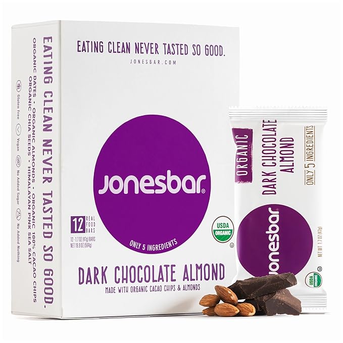 JONESBAR Organic Plant Based Protein Bars | Dark Chocolate Almond | Fruit & Nut Bar, Kosher, Gluten Free, Breakfast Bars, School Snacks, Vegan Snack & Healthy Snacks for Adults and Kids (Pack of 12)