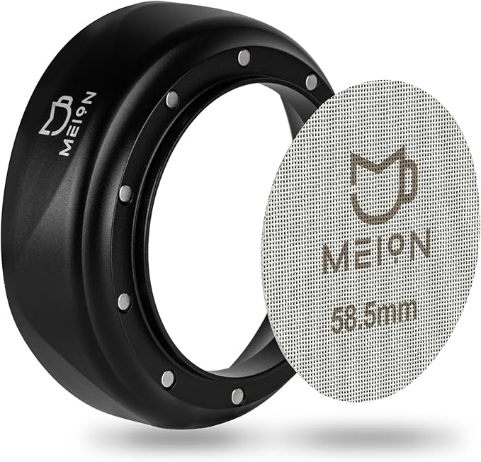 MEION 58mm Espresso Dosing Funnel and 58.5mm Puck Screen Set for 58mm Portafilters, Magnetic Coffee Portafilter Funnel, Reusable Espresso Puck Screen, Espresso Tools Espresso Accessories (58mm, Black)