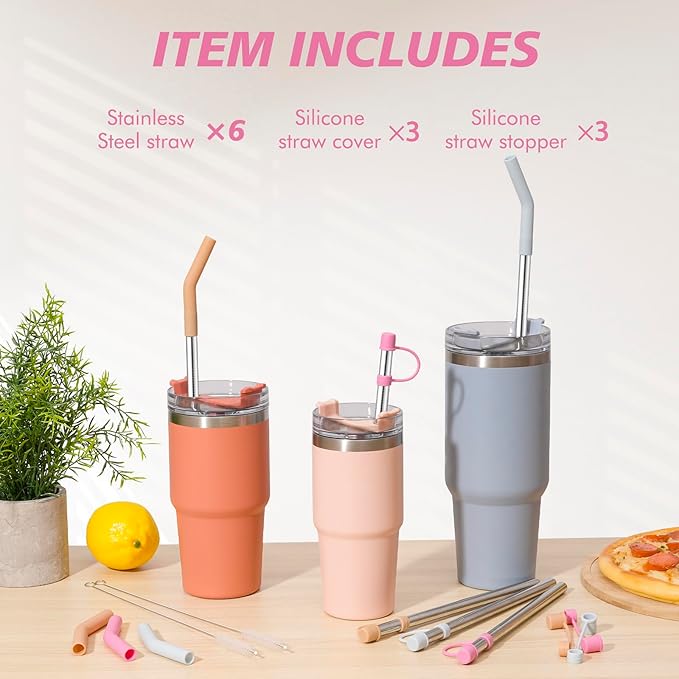 Stainless Steel Straws with covers fit Stanley 40 oz tumbler, Reusable 12 Inch Metal Straw with Silicone Tips & Cover Caps, Compatible with Stanley Quencher H2.0 (6 Pack: 3 Bent + 3 Straight)