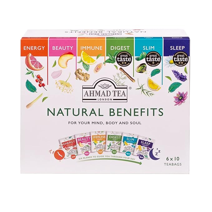 Ahmad Tea Natural Benefit Functional Tea Selection Pack | Green teas, Fruit & Herbal Infusions | Perfect herbal tea gift - 60 Teabag Sachets | 6 blends
