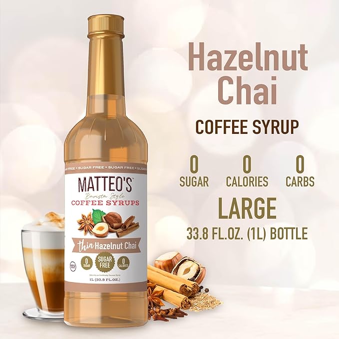 Matteo's Hazelnut Chai Syrup for Coffee, Lattes, Cappuccinos & Desserts – Sugar-Free Sweetener for Beverages, Keto Friendly, Zero Calories, Indulgent Flavor, Non-Alcoholic, 33.8oz (1pk)