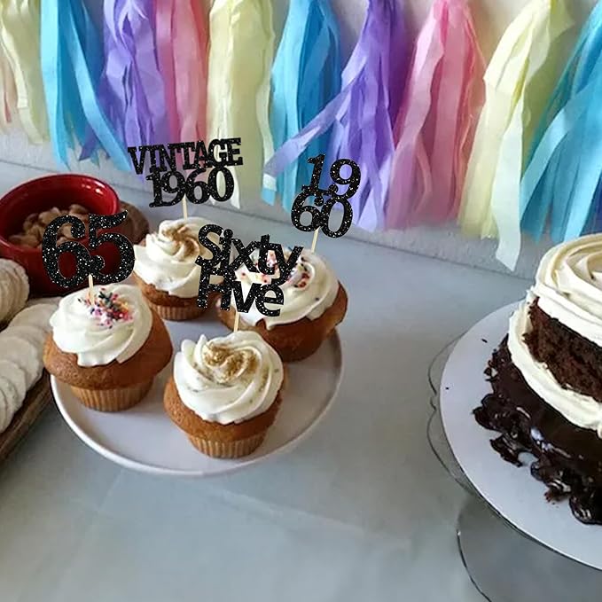 Gyufise 24Pcs Vintage 1960 Cupcake Toppers Glitter Cheers to 65 Fabulous Sixty Five Cupcake Picks 65th Birthday Wedding Anniversary Party Cake Decorations Supplies Black
