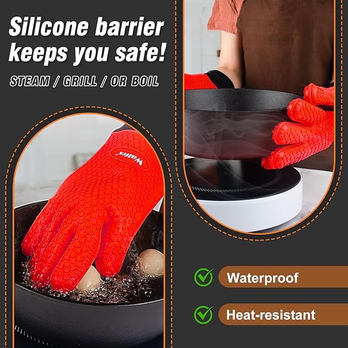 Walfos Silicone BBQ Gloves - Heat Resistant Grilling Gloves Set with Pork Shredder Claws & Brush, Non-Slip Kitchen Silicone Oven Mitt with Protective Cotton Layer, Suit for Indoor & Outdoor, Red
