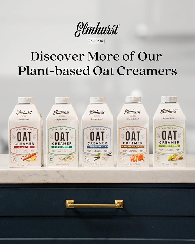 Elmhurst 1925 Pistachio Crème Oat Creamer - 16 Ounce (Pack of 6) Dairy-Free, Vegan, Kosher, Low Sugar, Shelf Stable Creamer Made with Oat Grains & Pistachios for Simpler Plant Based Alternatives