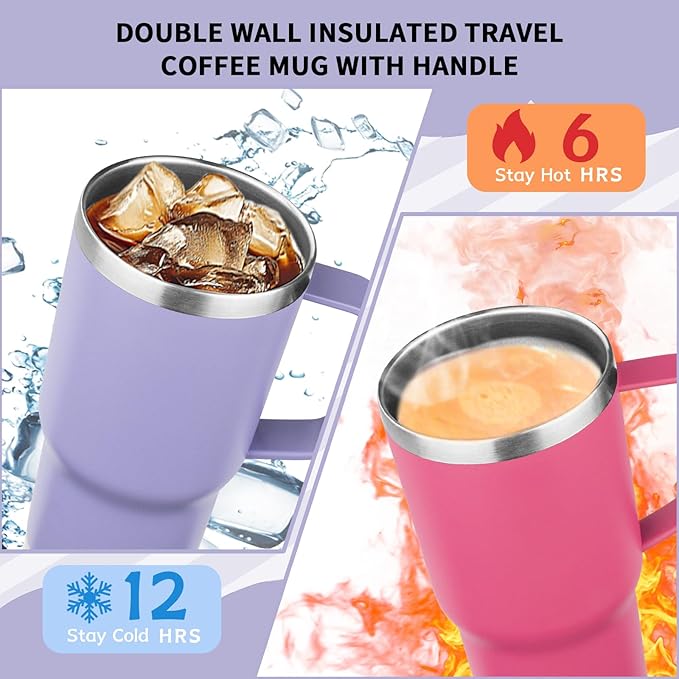 20oz Insulated Tumbler with Handle Stainless Steel Travel Coffee Mug with Lid and Straw Double Wall Vacuum Leak-proof Reusable Thermal Water Cup for Hot and Cold Drinks (Multicolor-7,6 Pack)