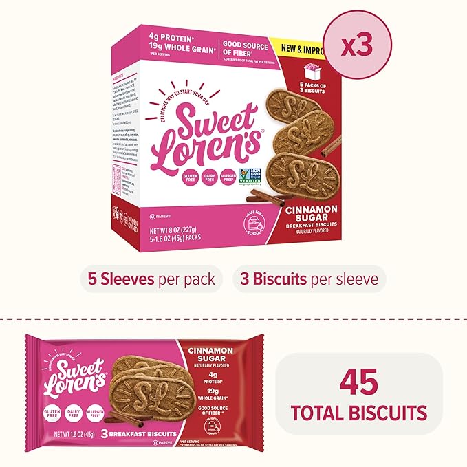 Sweet Loren's Vegan Breakfast Biscuits | Cinnamon Sugar | 4g Protein, 19g Whole Grains | Plant Based, Gluten Free, Dairy Free, Nut Free Snacks | 3 Pack (15 Total Biscuits, 1.6 ounce each)