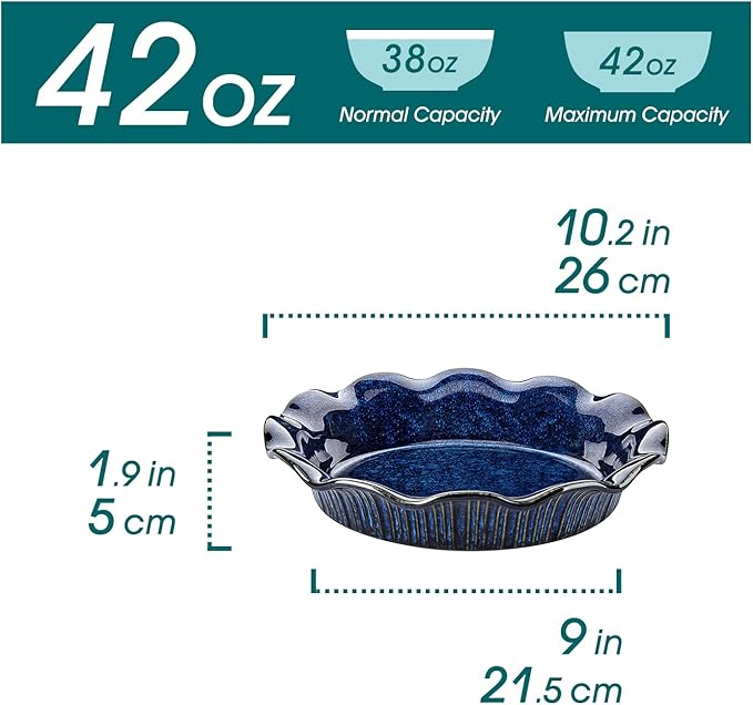 vancasso Stern Ceramic Pie Pan, 9 inch Pie Pans with Ruffled Edge, Deep Pie Dishes for Baking, Round Pie Plates for Apple, Quiche, Pot Pies, Tart, Oven & Dishwasher Safe, Set of 2, Blue