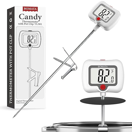 BOMATA Candy Thermometer with Pot Clip, Instant Read Cooking Thermometer with 8" Long Probe, Rotating Display, for Candy Making, Food, Candle Making, Liquids, Water, Baking, Sugar, Grilling. White