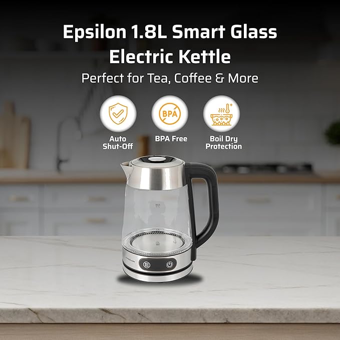 Epsilon 1.8L Glass Electric Kettle – Hot Water Tea Kettle with Borosilicate Glass & Stainless Steel, Auto Shut-Off, Fast Boil 1500W Electric Teapot, BPA-Free, Cool Touch Base