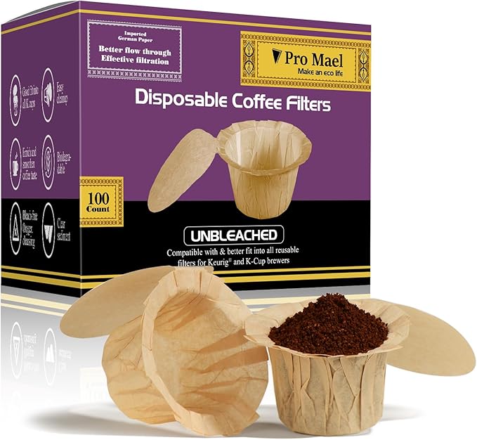 Pro Mael Disposable K Cup Filters with Lid, Coffee Filter Paper for Keurig Brewers Single Serve 1.0 and 2.0, Use with Reusable K Cup Pods (100 Count, Natural Unbleached)