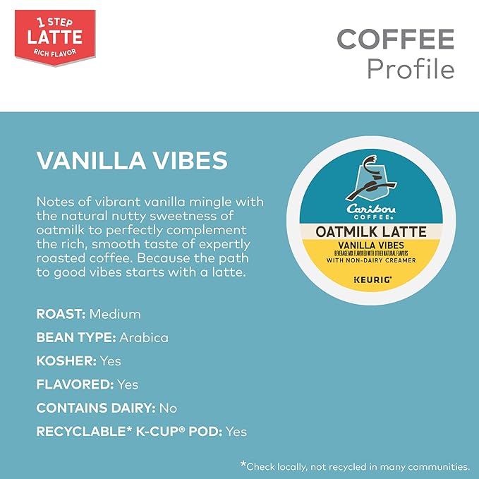 Caribou Coffee Vanilla Vibes Oatmilk Latte, One Step Latte Single Serve Keurig K-Cup Pods, 20-Count Box