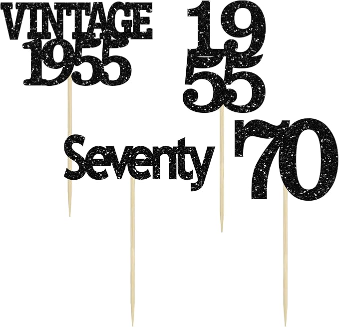 Gyufise 24Pcs Vintage 1955 Cupcake Toppers Glitter Cheers to 70 Fabulous Seventy Cupcake Picks 70th Birthday Wedding Anniversary Party Cake Decorations Supplies Black