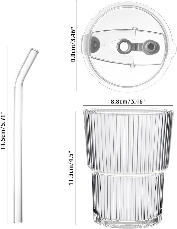 13oz/400ML Glass Tumbler with Straw and Lid Ribbed Vertical Ice Coffee Cups Sealed Carry on for Coffee Iced Tea, Thick Wall Glassware Tumbler Water Glass (Clear 2pcs)