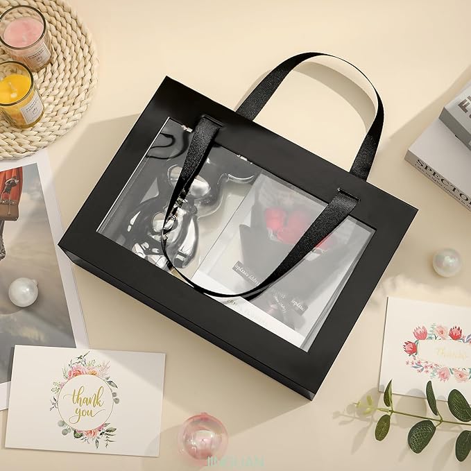 5 Black Gift Boxes with Windows, Clear Magnetic Gift Boxes with Handles for Presents, Groomsman Proposal Boxes (10.5x7.5x3 Inches