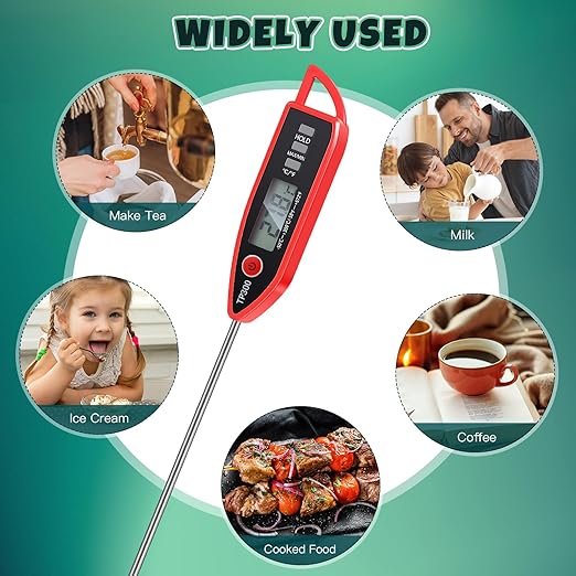 6 Set Waterproof Food Thermometer for Water, Liquid, Candle and Cooking Digital Meat Thermometer with Long Probe Instant Read for Kitchen BBQ Grill Candy (Red)