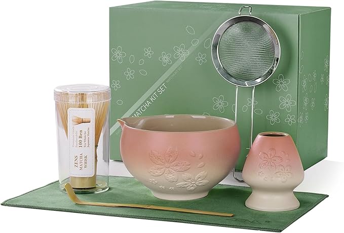 ZENS Matcha Whisk Set, Pink Ceramic Matcha Bowl with Embossed Sakura, 6pcs Matcha Tea Kit Includes Bamboo Whisk, (Chasen Holder) Scoop & Sifter, Tea Towel for Matcha Ceremony, Pink