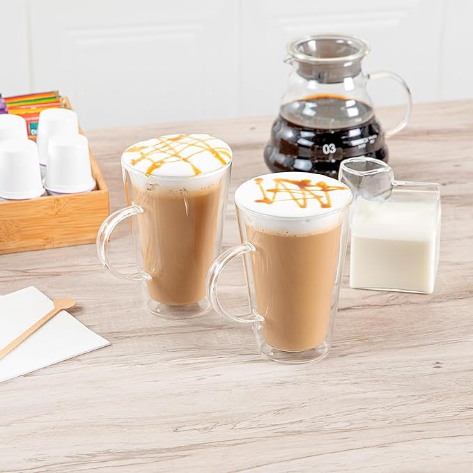 Restaurantware-Forma Professional 13.5 oz Double Wall Glass Mugs, 2 Insulated Coffee Mugs With Handle - Dishwashable, Reusable, Clear Glass Beverage Cups, Freezable, For Hot Or Cold Beverages