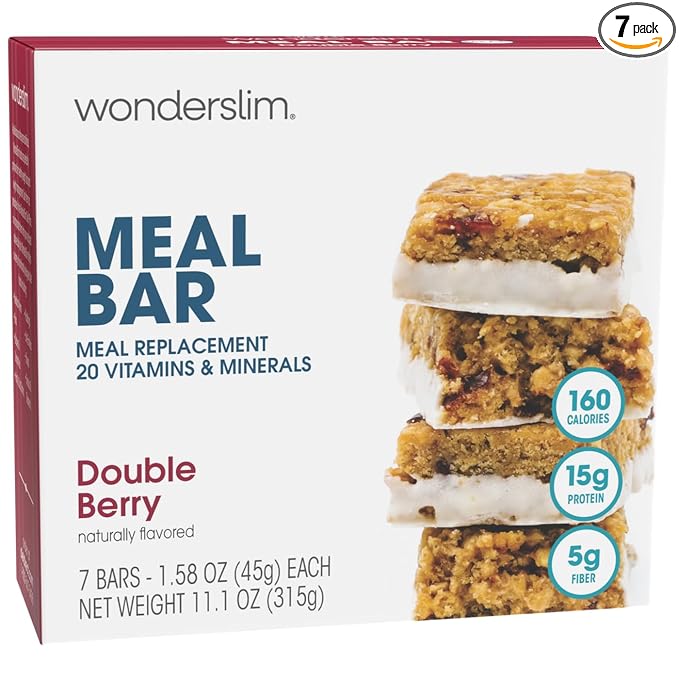 WonderSlim Meal Replacement Bar, Double Berry, 15g Protein, 20 Vitamins & Minerals, Gluten Free (7ct)
