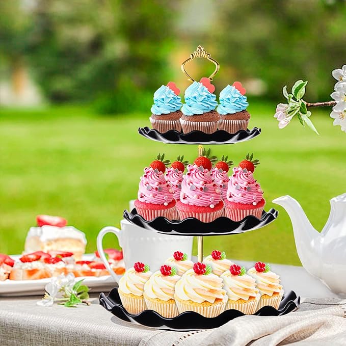 3 Tier Cupcake Stand Holder, Plastic Cup Cake Stand Towel with Tiered Serving Tray for Cupcakes, Donuts, Fruits and More, White (Black)
