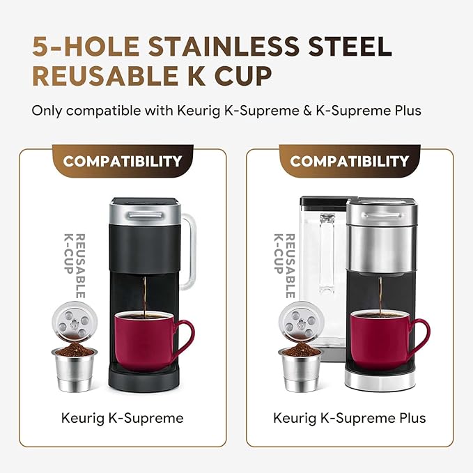 Stainless Steel Reusable K Cups for K-Supreme & K-Supreme Plus, Reusable K Cups Five Hole Universal K-eurig Refillable Coffee Pod Filter (4 Pack)