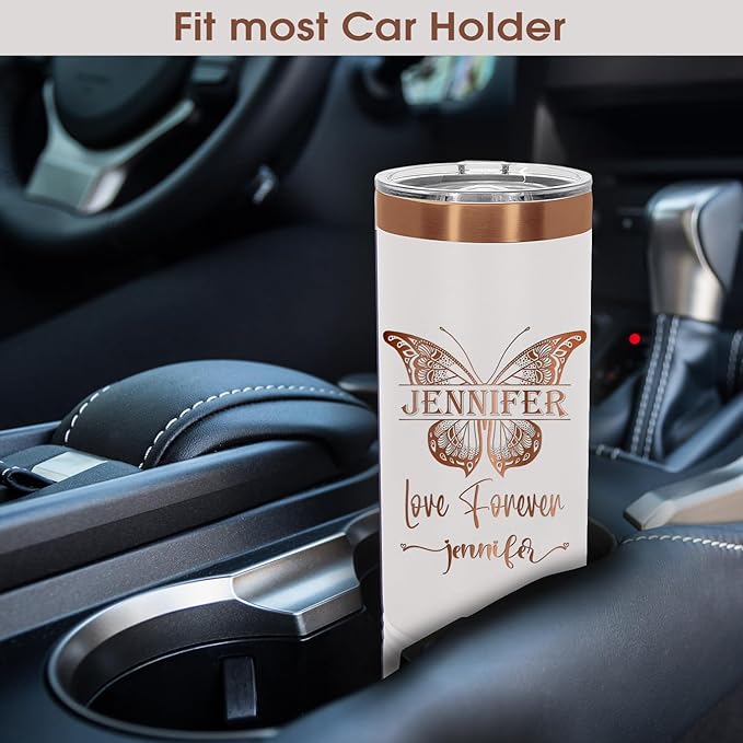 Personalized Skinny Tumbler by iProductsUS - Rose Gold Stainless Steel Custom Cup with Slider Lid & Straw. Customized 22oz Vacation Vacuum Insulated Coffee Mug - Christmas Gift for Mom, Sister