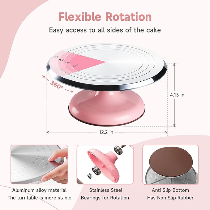 Cake Decorating Kit, 138pcs Cake Decorating Supply with 12 Inch Aluminium Cake Turntable, 64 Numbered Icing Piping Tips, 2 Spatulas, 3 Icing Comb Scraper and Leveller, Piping Bags,cake decorating tool