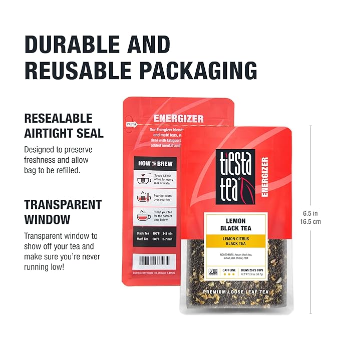 Tiesta Tea - Lemon Black Tea, Loose Leaf, Lemon Citrus Black, Premium Blend, High Caffeinated, Makes Hot or Iced, Brews Up to 25 Cups, 2 Ounce Resealable Pouch