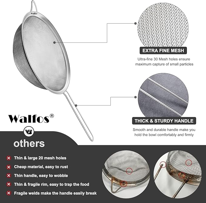Walfos Large Fine Mesh Strainer 9.5" & 8", Stainless Steel Mesh Sieve with Sturdy Handle, Kitchen Metal Food Strainers for Quinoa, Rice, Pasta, Fruits, Vegetables, etc., Set of 2