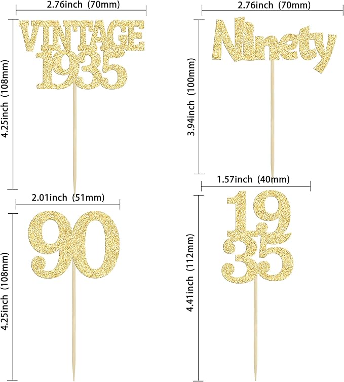 Gyufise 24Pcs 90th Birthday Cupcake Toppers Glitter Cheers to 90 Fabulous Ninety Vintage 1935 Cupcake Picks 90th Birthday Wedding Anniversary Party Cake Decorations Supplies Gold