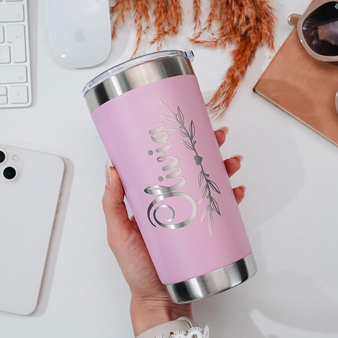 Personalized Tumbler with Engraved Name - 12 Designs, 20 Oz Coffee Tumbler with Slider Lid, Soft Pink, Double Wall Insulated - Custom Gifts for Women