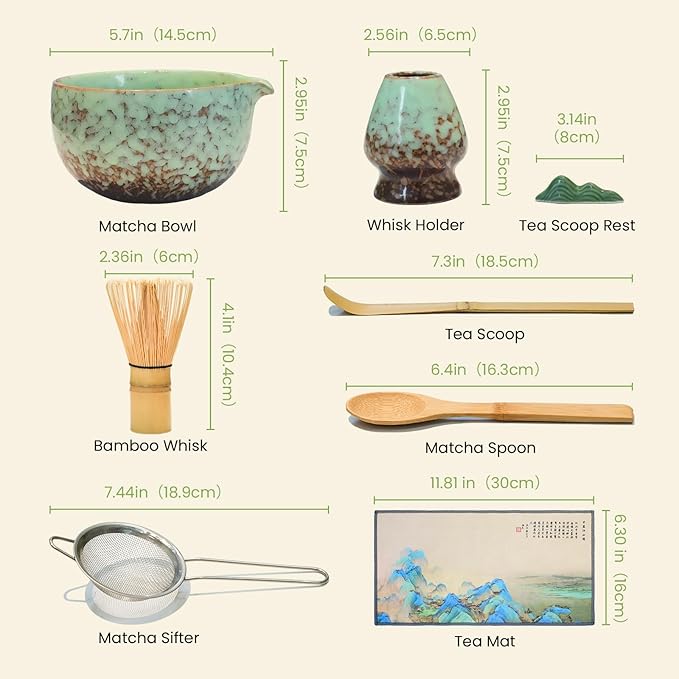 Matcha Whisk Set, Ceramic Matcha Set Includes Matcha Bowl, Whisk & Holder, Scoop, Sifter, Spoon, Scoop Rest, Tea Mat, Hand Book - 9 Pcs Kit for Matcha Lovers (Green)