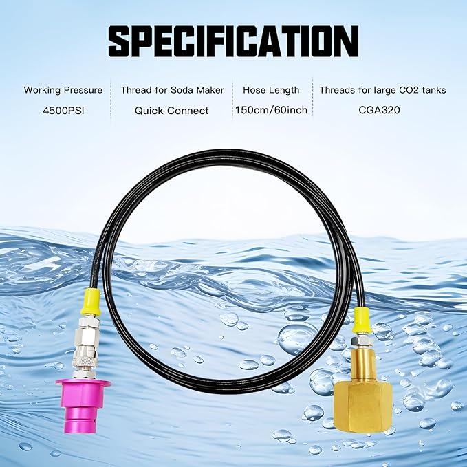 Soda Machine Co2 Adapter with 60inch Hose, Soda Maker Co2 Tanks Connector Filled from 5lb/10lb Co2 Tank Directly,Compatible with Duo/Terra/Art/E-Duo/E-Terra/Crystal 3.0/GAIA/AQUA FIZZ Pink Cylinder