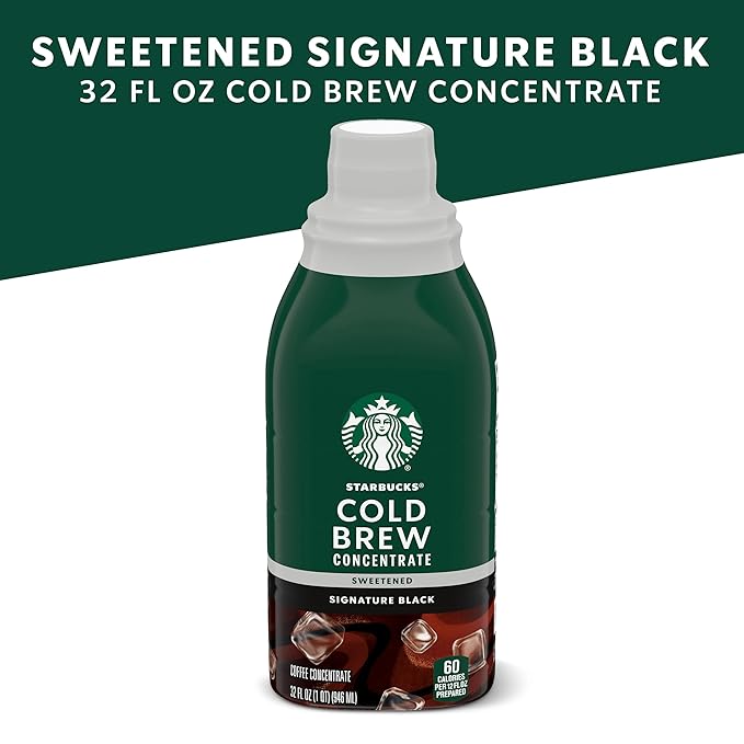 Starbucks Cold Brew Coffee Concentrate, Sweetened Signature Black, 100% Arabica, Multi-Serve Bottle (32 Fl Oz)